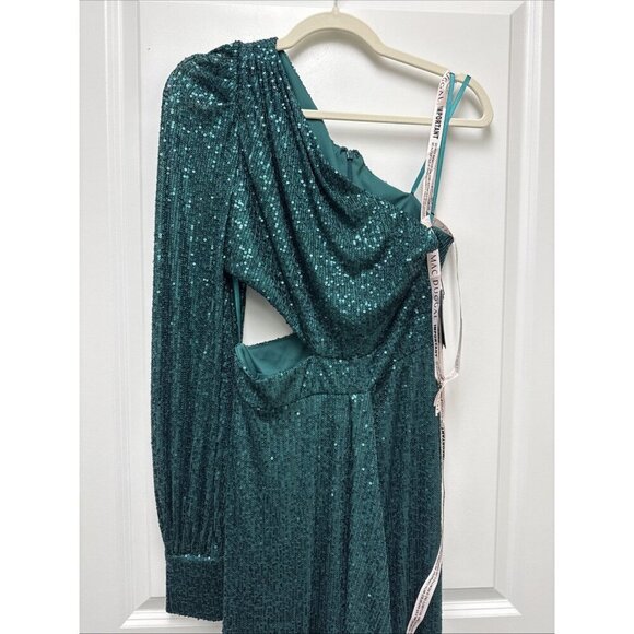 Mac Duggal Size 6 Green 26730 Sequined One Shoulder Cut Out Formal Gown Dress - Picture 5 of 13